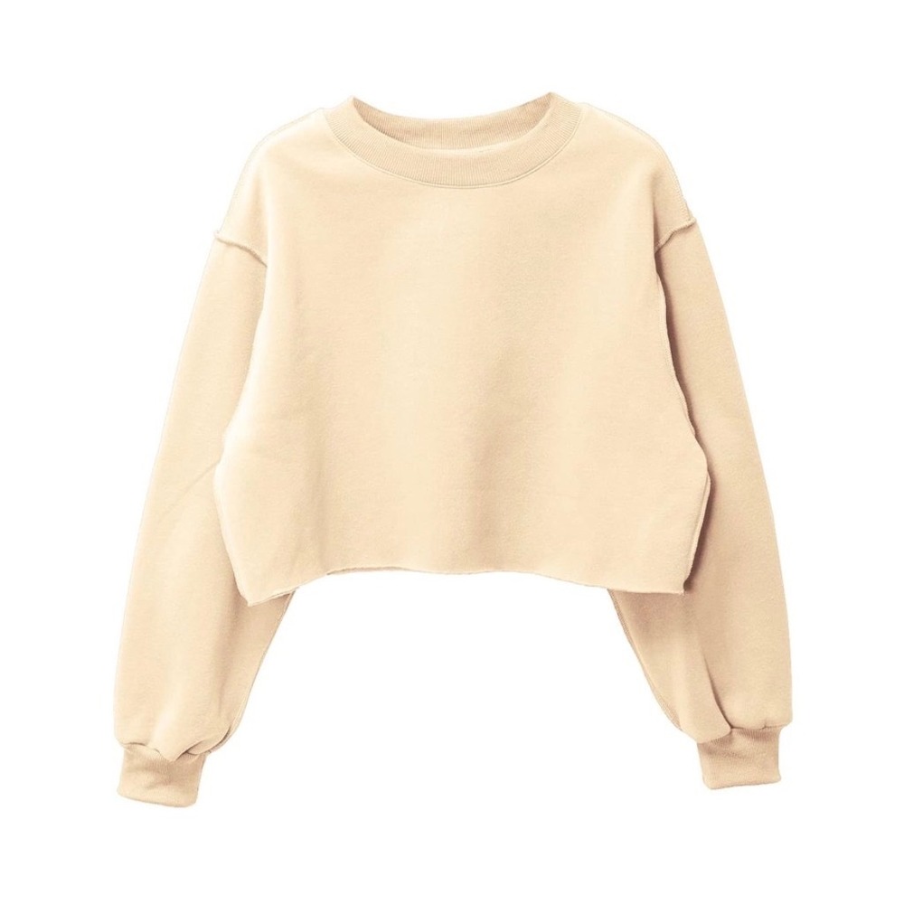 NWT‎ Womens Cream Cropped Long Sleeve Fleece Pullover Sweatshirt- Small